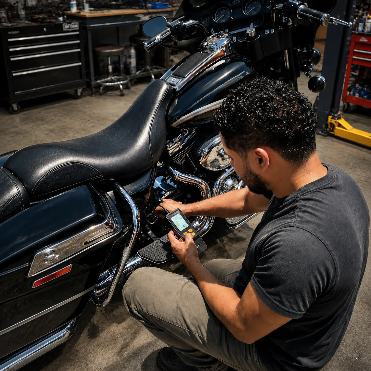 Computer diagnostics on a motorcycle at 40 Garage